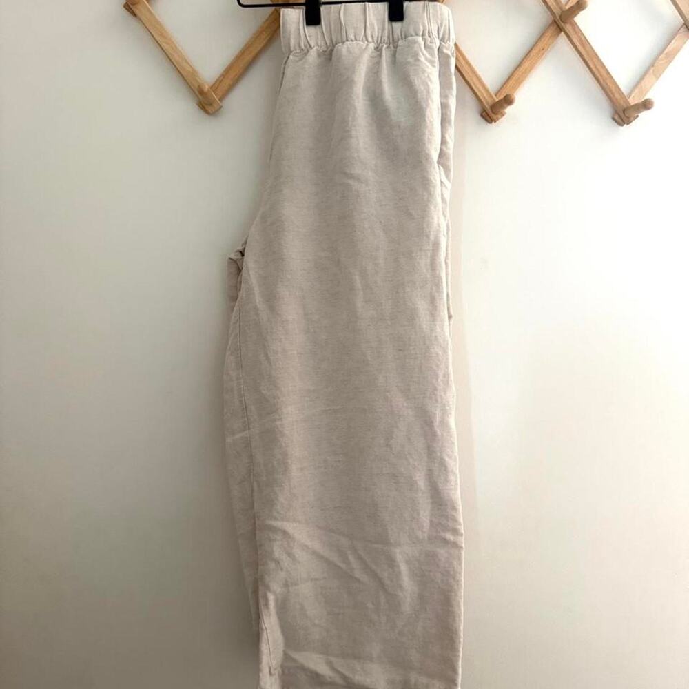 Natural linen blend cropped pants neutral wide leg elastic wasit